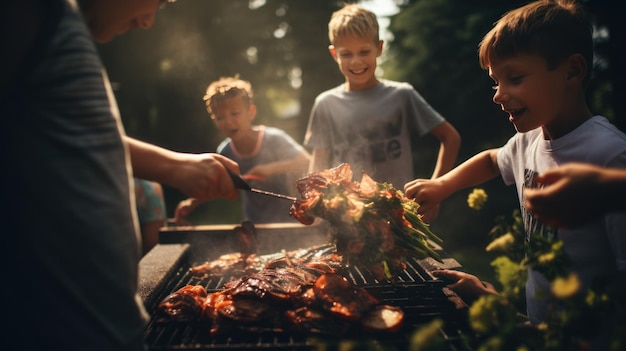 Młoda rodzina grilluje przy grillem