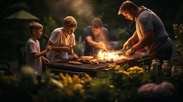 Młoda rodzina grilluje przy grillem