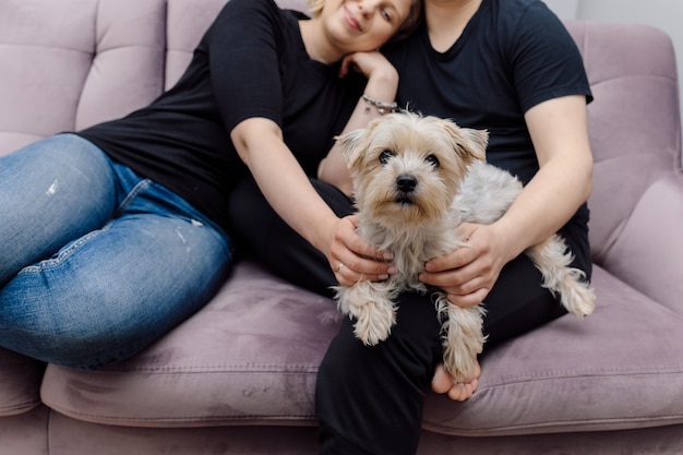 Młoda rodzina relaksuje się na kanapie w salonie z psem Yorkshire Terrier. Koncepcja szczęśliwej rodziny.