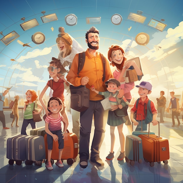 Młoda rodzina z bagażem na lotnisku Koncepcja podróży i turystyki