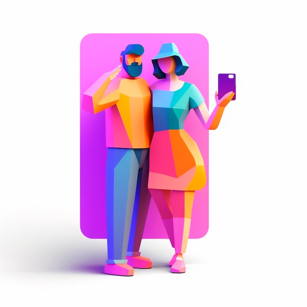 Młoda romantyczna uśmiechnięta para robi selfie na stylizowanym kolorowym tle AI generowane