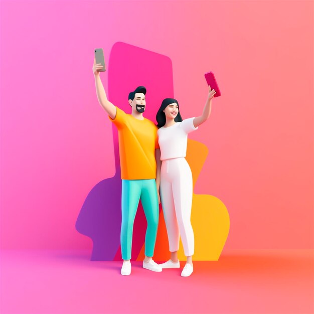 Młoda romantyczna uśmiechnięta para robi selfie na stylizowanym kolorowym tle AI generowane