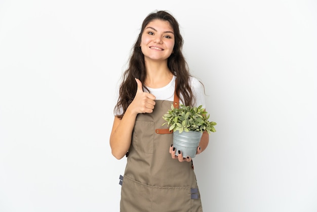 Młoda rosyjska dziewczyna ogrodnik trzyma roślinę na białym tle