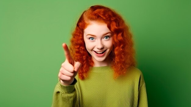 młoda rudowłosa kobieta wskazująca palcem na zielone tło