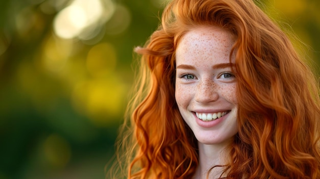 Młoda rudowłosa kobieta z falowanymi włosami uśmiecha się i patrzy w kamerę