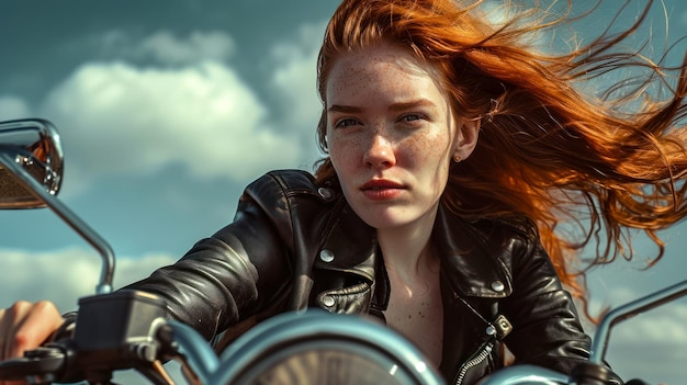 Młoda rudowłosa kobieta z piegowatymi włosami powiewającymi na wietrze, siedząca zdrowa na motocyklu