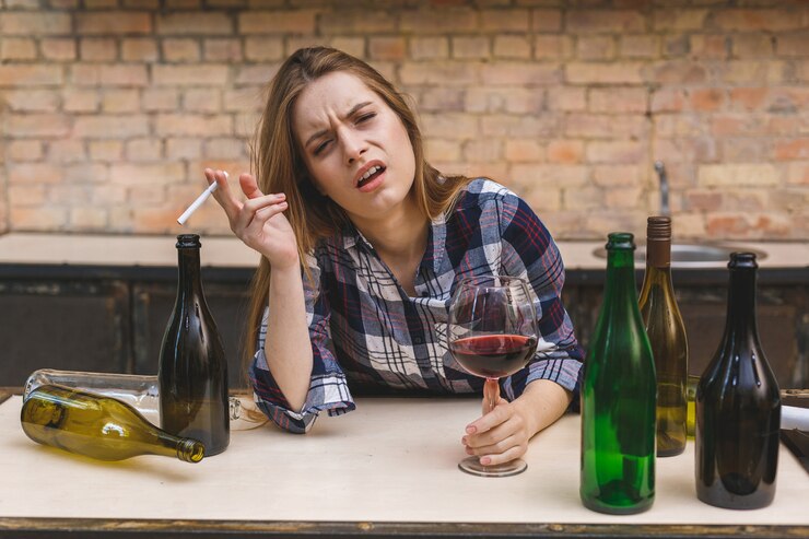 Młoda smutna i zmarnowana alkoholiczka siedzi przy kuchennej kanapie pijąc czerwone wino, trzymając kieliszek całkowicie pijany, patrząc przygnębiony samotny i cierpiący kac w alkoholizm i nadużywanie alkoholu.