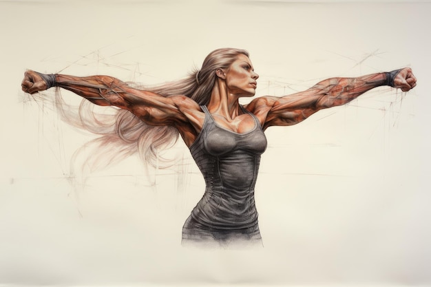 Młoda, sportowa kobieta w szarej sukience z latającymi włosami, dziewczyna z wyciągniętymi ramionami, wyświetlająca szczegółowe mięśnie.