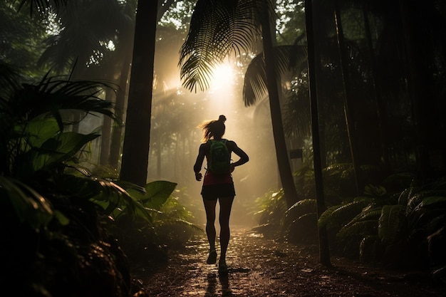 Młoda sportowczyni biegająca po tropikalnym lesie wieczorem