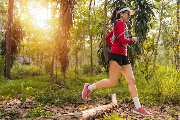 Młoda sportsmenka fitness, biegaczka przełajowa, biegająca wieczorem w parku w lesie tropikalnym
