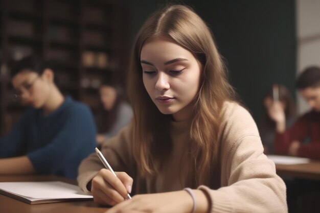 Młoda studentka pisze w zeszycie, siedząc przy stole w bibliotece uniwersyteckiej Generacyjna sztuczna inteligencja