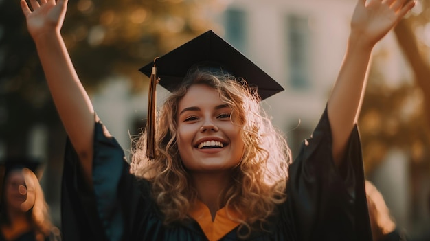 Młoda studentka podnosi ręce, świętując ukończenie uniwersytetu.