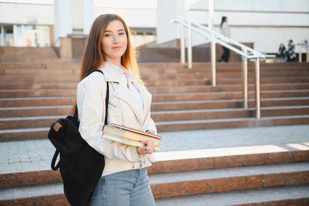 Młoda studentka uśmiecha się przeciwko uniwersytetowi Śliczna studentka trzyma foldery i zeszyty w rękach Koncepcja edukacji edukacyjnej