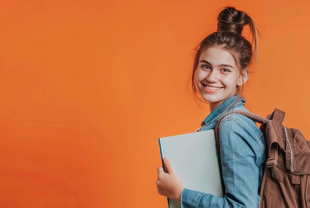 Zdjęcie młoda studentka z plecakiem uśmiechająca się na pomarańczowym tle