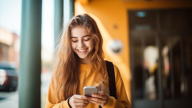 Młoda studentka z telefonem nastolatek z plecakiem na plecach