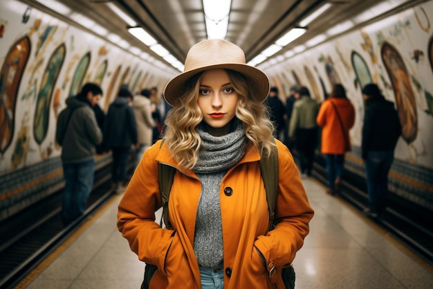 Młoda stylowa fotografka zwiedzająca metro w mieście