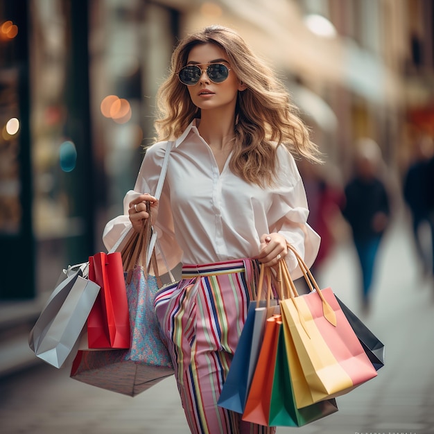 Młoda stylowa piękna dziewczyna w okularach przeciwsłonecznych chodzi z wielobarwnymi torbami na zakupy
