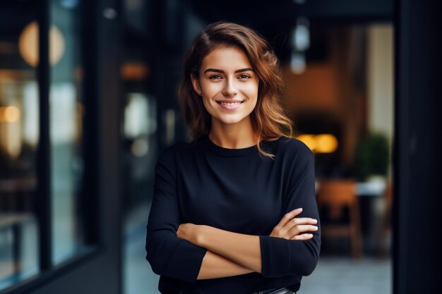 Młoda szczęśliwa bizneswoman za pomocą komputera w nowoczesnym biurze z kolegami Stylowy piękny menedżer