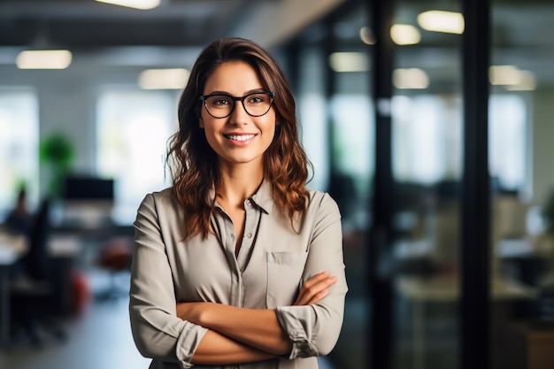 Młoda szczęśliwa bizneswoman za pomocą komputera w nowoczesnym biurze z kolegami Stylowy piękny menedżer