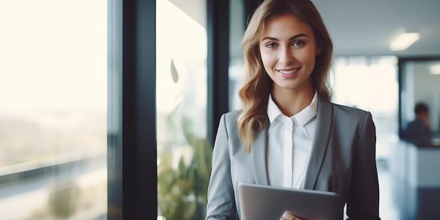 Młoda szczęśliwa kobieta biznesowa pracuje za pomocą cyfrowego tabletu, stojąc przy oknie w biurze