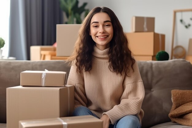 Młoda szczęśliwa kobieta cieszy się rozbieraniem poczty w domu Piękna kobieta pracująca z pudełkami na paczki w domu przygotowuje dostawę paczek zaopatrzenie SME stworzone z technologią Generative Ai