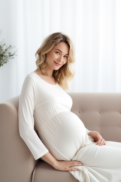 Młoda szczęśliwa kobieta w ciąży z dużym brzuchem w nowoczesnym domu Ciąża macierzyństwo Generatywna ai