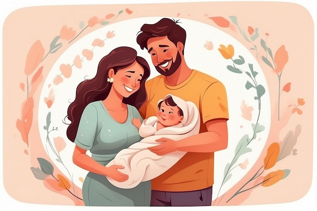Młoda szczęśliwa matka i ojciec trzymają noworodka w rękach macierzyństwo rodzicielstwo i poród rodzice uściskają niemowlę dziecko szczęście opieka i miłość gratulacje ilustracja kreskówka