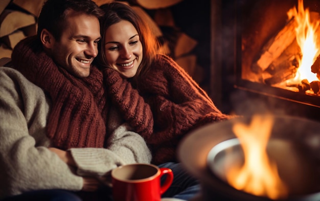 Młoda szczęśliwa para przytulająca się przy kominku podczas zimnej pory roku w przytulnym domu