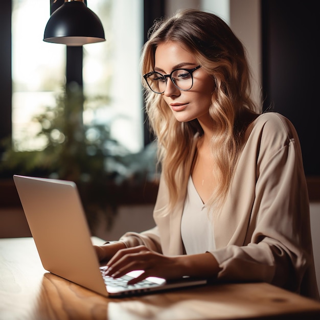 Młoda szczęśliwa profesjonalna biznesowa pracownica siedząca przy biurku pracująca na laptopie