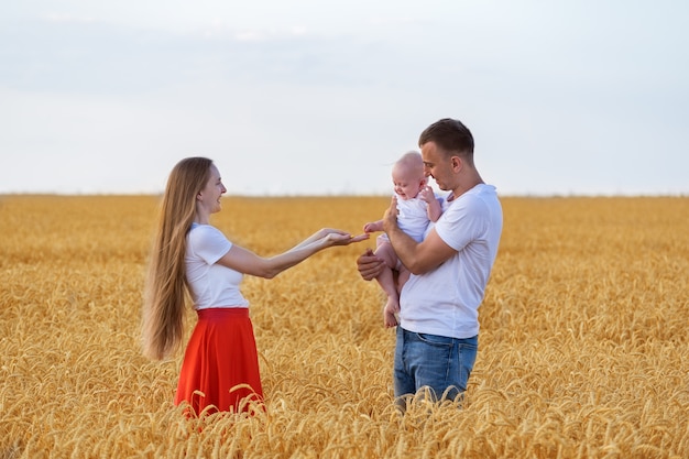 Młoda szczęśliwa rodzina idąc przez pole pszenicy z małym dzieckiem. Mama, tata i dziecko na zewnątrz