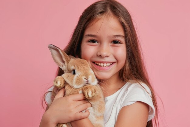 Młoda, szczęśliwa, uśmiechnięta, piękna dziewczyna trzymająca małego brązowego królika na różowym tle w studiu.