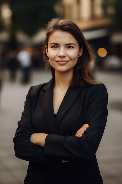 Młoda, szczęśliwa, uśmiechnięta, profesjonalna kobieta biznesowa.