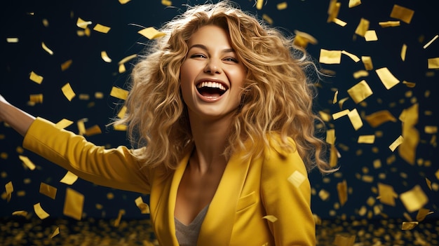 Zdjęcie młoda szczęśliwa zadowolona podekscytowana zabawa zaskoczona zdumiona kobieta rzucająca konfetti