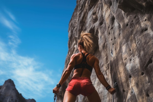 Młoda, szczupła, umięśniona kobieta wspinaczka skałkowa wspinająca się po trudnej trasie sportowej widok z tyłu Generacyjna sztuczna inteligencja