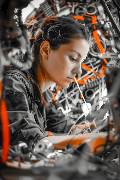 Zdjęcie młoda technika zajmująca się naprawą skomplikowanych maszyn za pomocą różnych narzędzi