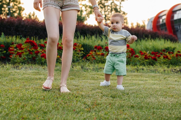 Młoda urocza mama pomaga i uczy synka stawiać pierwsze kroki podczas zachodu słońca w parku na trawie.