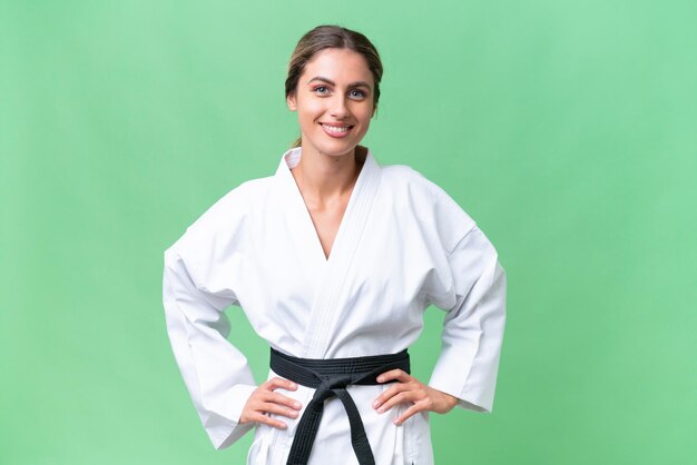 Młoda Urugwajska kobieta na odosobnionym tle robi karate z ramionami na biodrze i uśmiecha się