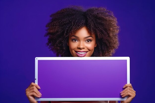 Młoda uśmiechnięta Afroamerykanka trzyma w rękach szablon tekstu na fioletowym tle.