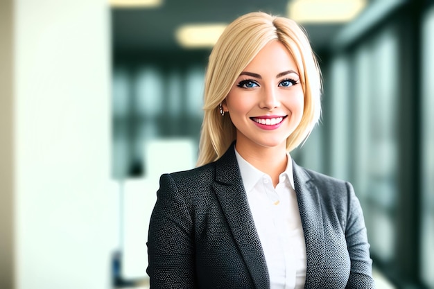 Młoda uśmiechnięta bizneswoman stojąca w rozmytym tle biurowej generatywnej sztucznej inteligencji