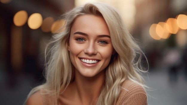 Młoda uśmiechnięta blondynka stwarzających na miękkim tle rozmycia Generative AI