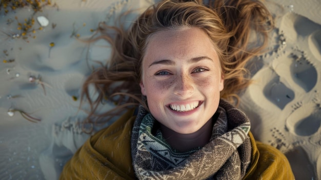 Młoda uśmiechnięta kaukazyjska kobieta uśmiechnęta kobieta leżąca na piasku