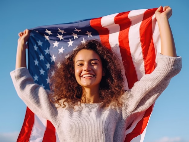 Młoda uśmiechnięta kobieta trzymająca flagę usa w dłoniach na tle błękitnego nieba