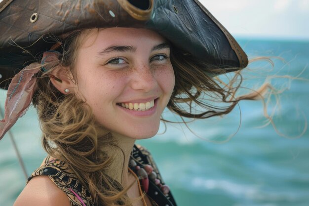 Młoda uśmiechnięta piratka w kapeluszu na tle oceanu z włosami rozwieszonymi wiatrem
