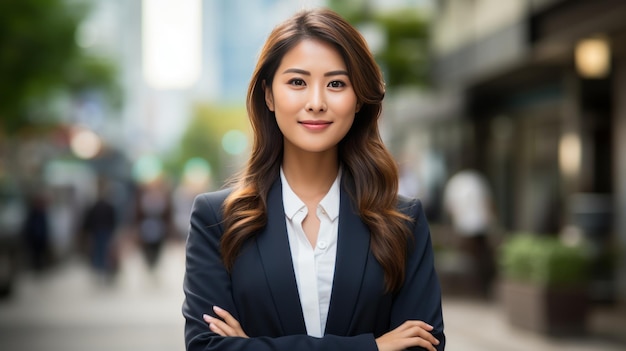 Młoda uśmiechnięta profesjonalna azjatycka kobieta stojąca na zewnątrz na skrzyżowanych ramionach ulicy i patrząca w kamerę