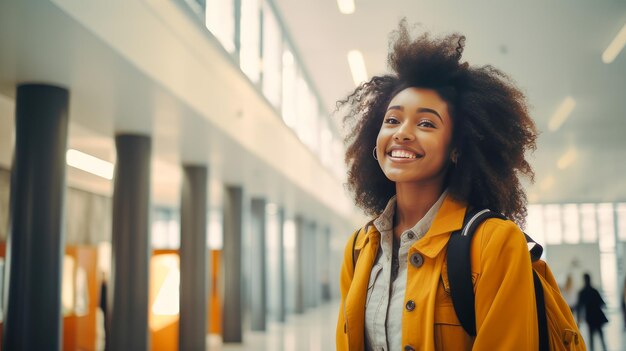 Młoda, uśmiechnięta, szczęśliwa studentka, ciemnoskóra, czarna, afroamerykańska dziewczyna stoi w foyerze szkoły.