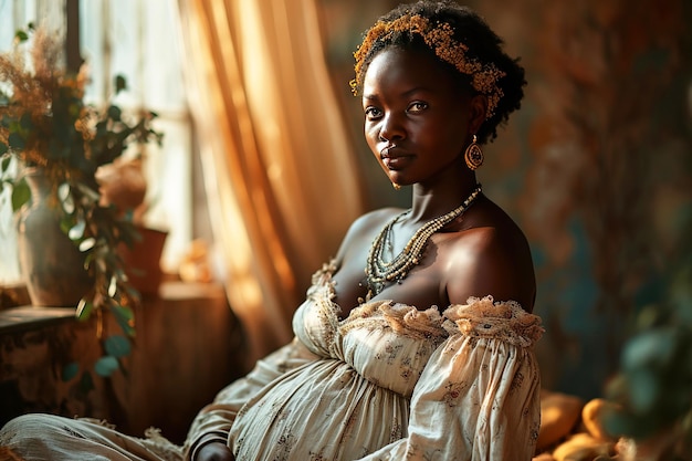 Młoda, w ciąży afrykańska czarna kobieta na tle pięknych kolorowych kwiatów