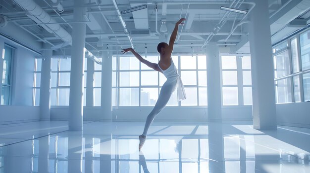 Młoda, wdzięczna balerina w białym tutu tańczy w studiu. Piękno tańca.