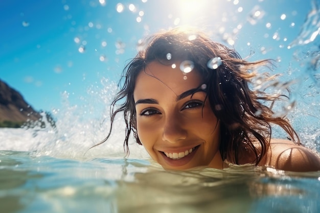 Młoda wesoła kobieta kąpiąca się w ciepłym tropikalnym morzu