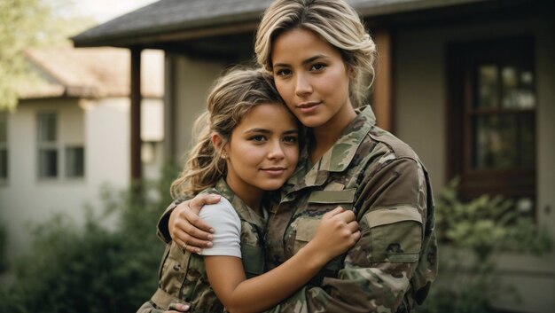 Młoda wojskowa w mundurze kamuflażowym wraca do domu i uściska córkę.