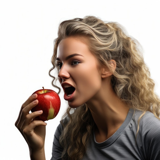 Zdjęcie młoda wysportowana dziewczyna je jabłko na białym tle